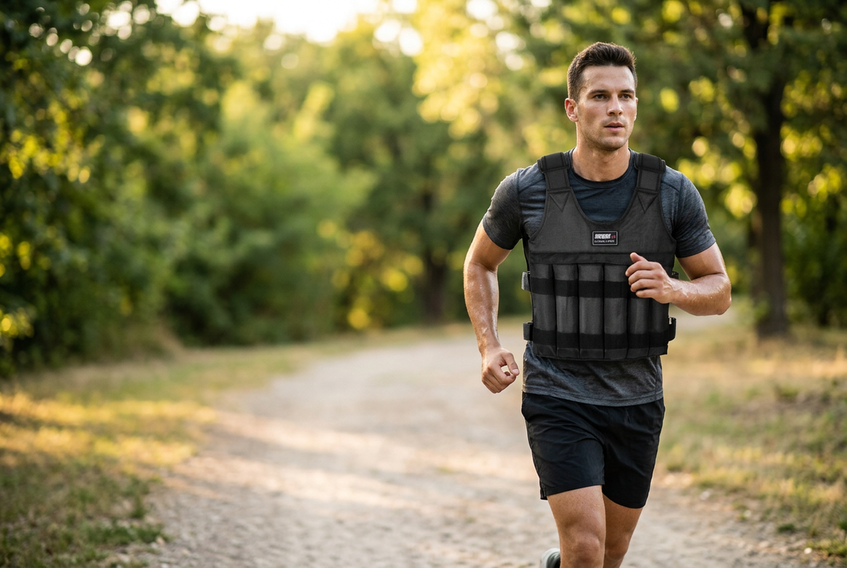 Person running wearing the black weighted vest