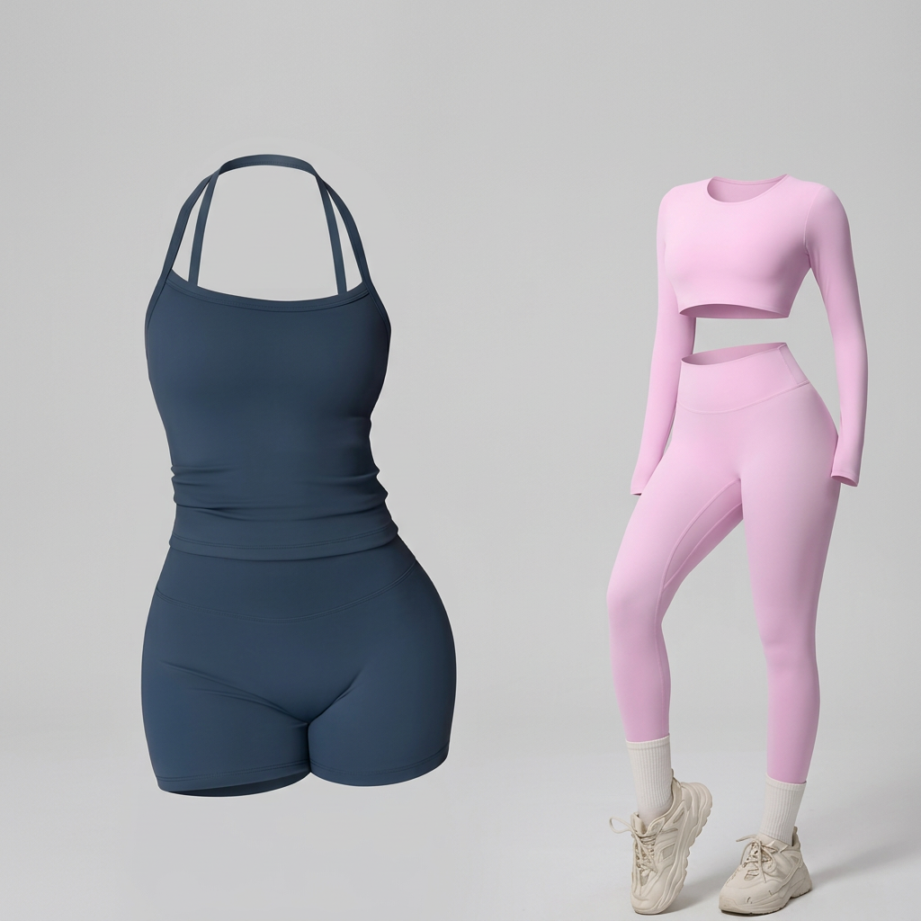 Activewear with invisible-mannequin styling and a light gray studio background